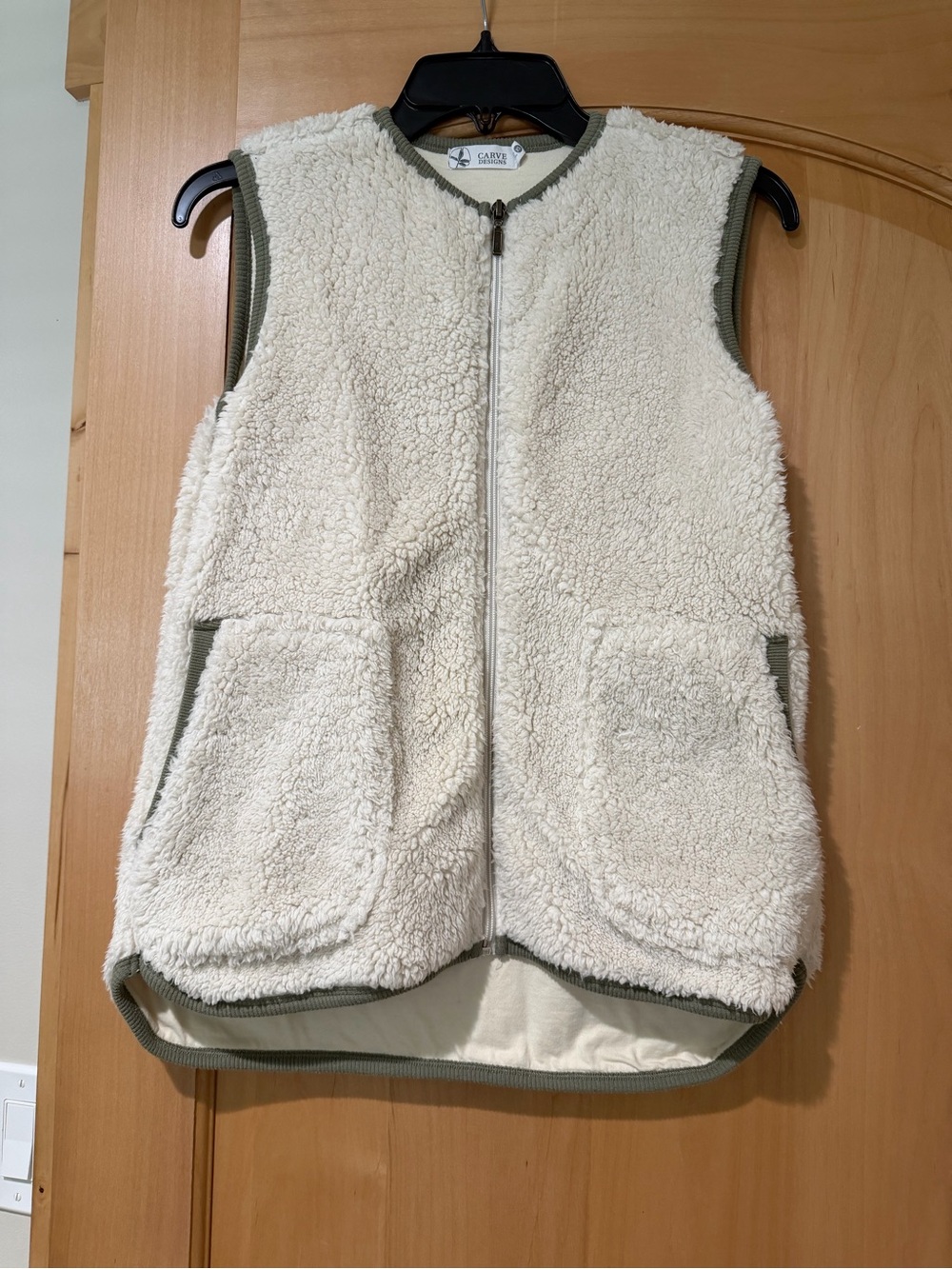 Carve Designs Cream Sherpa Vest with Olive Trim